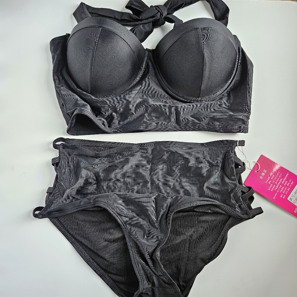 Shanyoo Balconette Bikini Top with High-Waisted Bottoms (Black, XL Asian Sizing)